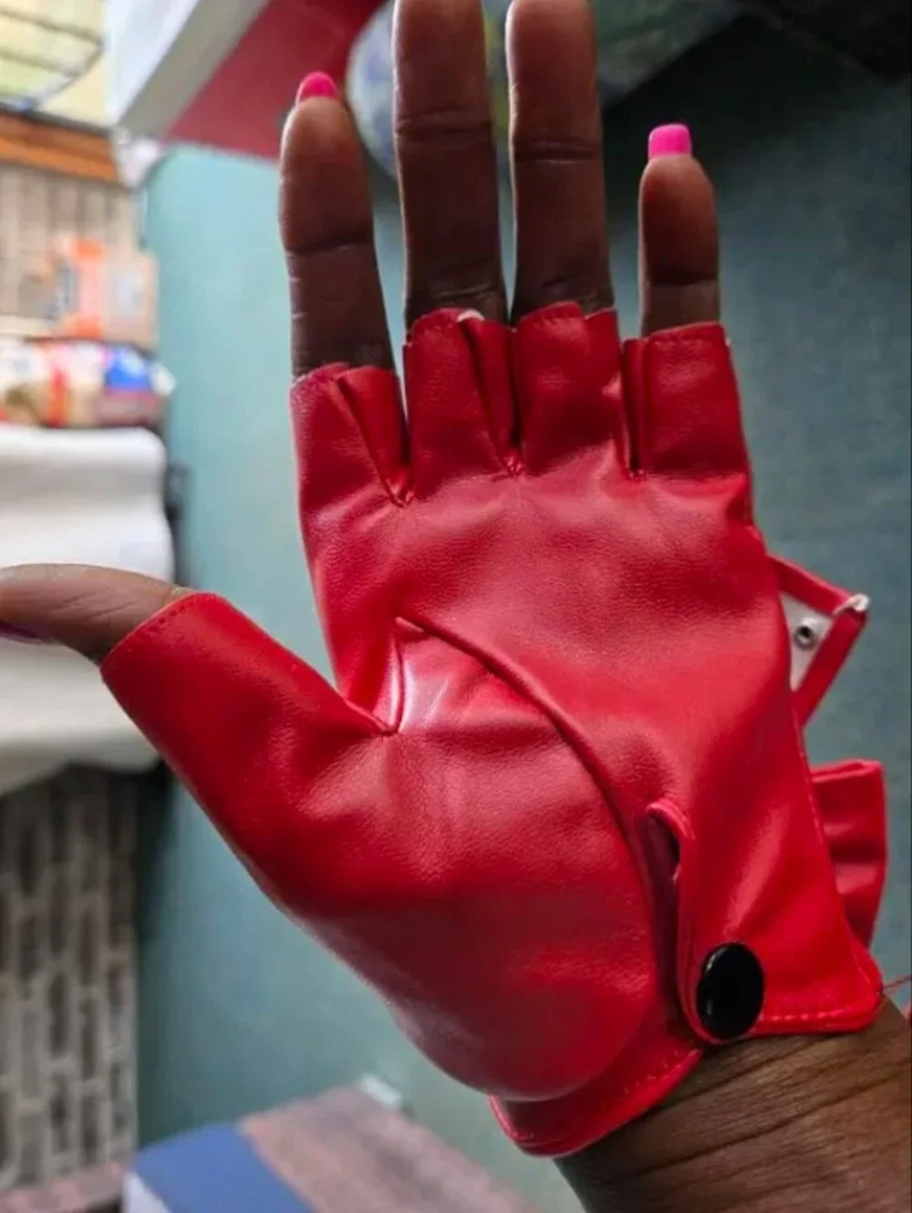 Red Studded Bow, Half-Finger, Snap-Button-Palm, Lined Faux Leather Gloves (OS)